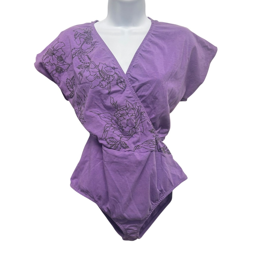 Body Wrapper Purple Floral Print Wrap Bodysuit XXL Made‎ in USA VTG
